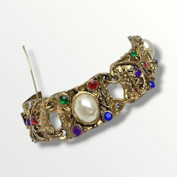 Vintage 90's TACOA Gold Panel Bracelet with Multicolor Crystal and Pearl Accents - Picture 5 of 6